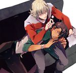  barnaby_brooks_jr blonde_hair brown_eyes brown_hair cabbie_hat couch ear_cleaning facial_hair glasses green_eyes hat jacket jewelry kaburagi_t_kotetsu lap_pillow male_focus mimikaki mmmmm multiple_boys necklace necktie red_jacket stubble tiger_&amp;_bunny tissue vest waistcoat 
