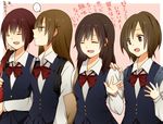  4girls bad_id bad_pixiv_id black_hair bow brown_eyes brown_hair closed_eyes hand_on_shoulder long_hair long_sleeves multiple_girls open_mouth original pink_background red_hair sao_(0060) school_uniform scrunchie short_hair simple_background speech_bubble spoken_ellipsis translated 