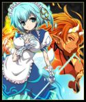  1girl aqua_eyes atelier_(series) black_background black_border blue_dress blue_hair border breasts dress fire gloves grin hairband horns kirita_(noraring) long_hair lowres mana_khemia_(series) mana_khemia_2 medium_breasts orange_hair orange_skin pointy_ears puffy_sleeves red_eyes red_skin short_hair smile wuim_(mana_khemia) yun_(mana_khemia) 