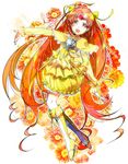  bad_id bad_pixiv_id boots bow brooch bubble_skirt choker circlet cure_muse_(yellow) floral_background frills full_body hair_ribbon heart highres jewelry knee_boots long_hair magical_girl misaka_(missa) orange_(color) orange_background orange_hair precure red_eyes ribbon shawl shirabe_ako skirt smile solo suite_precure twintails yellow_bow yellow_choker yellow_skirt 