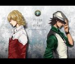  barnaby_brooks_jr blonde_hair brown_hair cabbie_hat facial_hair glasses green_eyes hair_over_eyes hat jacket jewelry kaburagi_t_kotetsu kkkrrrooo letterboxed male_focus multiple_boys necktie red_jacket ring stubble tiger_&amp;_bunny vest waistcoat watch wristwatch 