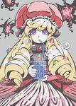  blonde_hair dodonpachi dodonpachi_daioujou dress drill_hair drinking glass gown hat long_hair nail_art oppai_fusoku purple_eyes ringlets robot shotia solo 