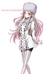  bad_id bad_pixiv_id blush boots character_name coat eyelashes fate/zero fate_(series) fur_hat fur_trim hand_to_own_mouth harino646 hat highres irisviel_von_einzbern long_hair pantyhose pink_eyes solo thigh_boots thighhighs white_hair 