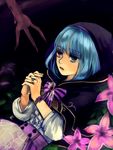  akiko_(kanna) bad_id bad_pixiv_id blue_eyes blue_hair bracelet hands_clasped heterochromia hood jewelry own_hands_together pink_eyes pixiv_fantasia pixiv_fantasia_wizard_and_knight ring solo 