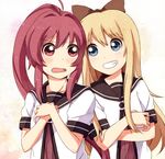  blonde_hair blue_eyes bow grin hair_bow long_hair multiple_girls nanamori_school_uniform open_mouth ponytail purple_eyes purple_hair school_uniform serafuku smile soto_miyako sugiura_ayano toshinou_kyouko yuru_yuri 