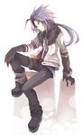  black_gloves bracelet coat decus fruit_punch full_body gloves hand_on_own_knee jewelry long_hair male_focus necktie pants ponytail purple_hair shoes sitting solo tales_of_(series) tales_of_symphonia tales_of_symphonia_knight_of_ratatosk 