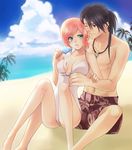  1girl bad_id bad_pixiv_id bare_legs beach black_eyes black_hair celestial_s cloud couple day estellise_sidos_heurassein food full_body green_eyes hetero jewelry long_hair necklace one-piece_swimsuit one_eye_closed outdoors pink_hair ponytail popsicle sand shirtless short_hair shorts sitting sky smile swimsuit tales_of_(series) tales_of_vesperia yuri_lowell 
