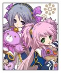  atelier_(series) black_border border green_eyes grey_hair kirita_(noraring) long_hair lowres mana_khemia mana_khemia_(series) multiple_girls pamela_ibiss philomel_hartung pink_hair purple_eyes short_twintails smile stuffed_animal stuffed_toy teddy_bear twintails two_side_up 