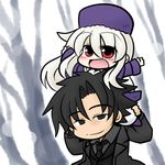  1girl black_eyes black_hair carrying emiya_kiritsugu fate/zero fate_(series) father_and_daughter hat illyasviel_von_einzbern long_hair necktie open_mouth outstretched_arms purple_hat red_eyes shoulder_carry smile white_hair yanagi_(nurikoboshi) 