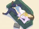  barefoot black_eyes blonde_hair brown_hair casual couch eyes_closed from_above hagimura_suzu long_hair looking_at_viewer seitokai_yakuindomo skirt sleeping smile tsuda_takatoshi twintails 