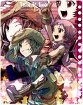  1girl :d arm_up beret boots brown_eyes carrying coat copyright_name fruit_punch gloves green_hair grey_eyes grin happy hat hermana_larmo one_eye_closed open_mouth piggyback pointing purple_hair scarf short_hair smile spada_belforma tales_of_(series) tales_of_innocence very_short_hair zoom_layer 