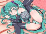  bad_id bad_pixiv_id bed cameltoe detached_sleeves green_eyes green_hair green_skirt hatsune_miku j_(shining-next) long_hair lying miniskirt necktie one_eye_closed panties pleated_skirt shiny shiny_skin skirt solo spread_legs striped striped_panties thighhighs twintails underwear very_long_hair vocaloid 