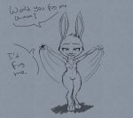  2016 anthro bat breasts chest_tuft digital_media_(artwork) diza-star female looking_at_viewer mammal monochrome navel nude simple_background sketch smile solo standing text tuft 