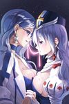  blue_hair blush breast_press breasts choker cleavage cross dripping earrings glasses hat holding_hands jacket jewelry lena_(zoal) long_hair medium_breasts mouth_hold multiple_girls puffy_sleeves purple_eyes ribbon silver_hair sword_girls symmetrical_docking yuri 