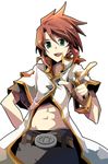  belt coat fruit_punch gloves green_eyes luke_fon_fabre male_focus midriff pants pointing red_hair smile solo tales_of_(series) tales_of_the_abyss transparent_background 