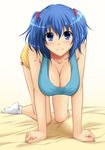  all_fours bad_id bad_pixiv_id bed blue_eyes blue_hair breasts chiro cleavage hair_bobbles hair_ornament hanging_breasts kawashiro_nitori large_breasts looking_at_viewer nail_polish no_hat no_headwear no_shoes on_bed short_hair shorts smile socks solo touhou two_side_up white_legwear 
