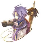  ahoge black_eyes black_gloves decus fruit_punch fur_trim gloves long_hair male_focus paper ponytail purple_hair smile solo sword tales_of_(series) tales_of_symphonia tales_of_symphonia_knight_of_ratatosk weapon 