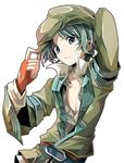  adjusting_clothes adjusting_hat arm_up beret fingerless_gloves frown fruit_punch gloves green_eyes green_hair hat male_focus shirt solo spada_belforma tales_of_(series) tales_of_innocence transparent_background 