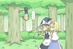  3girls alice_margatroid apron ascot blonde_hair blue_eyes braid capelet flying_sweatdrops forest grass hair_ribbon hairband hanging hat in_tree kirisame_marisa multiple_girls nature open_mouth red_eyes ribbon rumia taiga_mahoukan touhou tree upside-down witch_hat yellow_eyes 