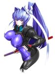  bad_id bad_pixiv_id blue_bodysuit blue_eyes blush bodysuit breasts covered_nipples highres impossible_bodysuit impossible_clothes katana large_breasts long_hair mitsurugi_meiya muvluv nipples pilot_suit ponytail risutan shiny shiny_clothes skin_tight solo sword very_long_hair weapon 