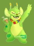  2018 3:4 3_toes 4_fingers alien antennae arm_markings bendy_straw beverage bonnie_(lilo_&amp;_stitch) brown_nose chest_tuft dipstick_antennae disney experiment_(species) eyes_closed fur gay-gamzee green_background green_fur head_tuft hi_res holding_glass holding_object leg_markings lei lilo_and_stitch markings open_mouth open_smile outline simple_background smile solo standing straw toes tuft v_sign 