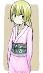  arms_behind_back blonde_hair blush braid igarashi_kaede japanese_clothes kimono seitokai_yakuindomo smile solo twin_braids yellow_eyes yukata 