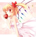  alternate_costume apple babydoll bare_shoulders blonde_hair bow breasts dress flandre_scarlet food fruit hair_bow hair_bun hat heart holding holding_food holding_fruit mini_hat nullken one_eye_closed red_eyes see-through_silhouette short_hair side_ponytail small_breasts solo touhou wings 