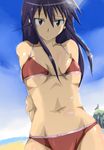  amakusa_shino arms_behind_back bare_shoulders beach bikini black_eyes black_hair breasts long_hair looking_at_viewer navel seitokai_yakuindomo sky solo swimsuit underboob vlack_eyes 