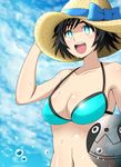  aqua_eyes ball bare_shoulders bikini black_hair blue_background blue_bikini breasts cleavage cloud day hand_on_headwear hat jean-louis_(yuasa_rengou) medium_breasts midriff open_mouth ribbon shiina_mayuri short_hair smile solo steins;gate sun_hat sweat swimsuit 