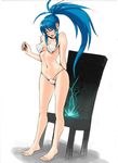  barefoot bikini blue_hair breasts chair cleavage electricity full_body leona_heidern long_hair navel ogami pasties ponytail shell shell_bikini small_breasts solo swimsuit the_king_of_fighters underboob white_background wince 