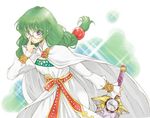  adjusting_eyewear belt braid brooch cape dress glasses green_background green_hair jewelry k-mame left-handed long_hair philia_felice purple_eyes round_eyewear solo sword tales_of_(series) tales_of_destiny twintails weapon white_dress 