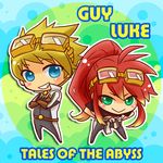  :&gt; belt blue_eyes blush character_name chibi copyright_name full_body gloves goggles goggles_on_head green_eyes grin guy_cecil lm2-3 long_hair luke_fon_fabre male_focus multiple_boys pants ponytail red_hair shirt sidelocks smile tales_of_(series) tales_of_the_abyss 
