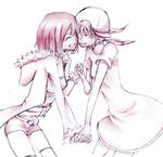  2girls asagi_(nippon_ichi) asagiri_asagi character_request disgaea eyes_closed face-to-face face_to_face hand_holding jacket monochrome multiple_girls short_shorts shorts source_request thighhighs 