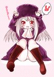  bad_id bad_pixiv_id blush boots bunny child coat fang fate/zero fate_(series) hat illyasviel_von_einzbern pants purple_hat red_eyes sakiyo_cake scarf sitting solo white_hair white_scarf younger 