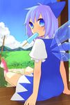  bad_id bad_pixiv_id blue_eyes blue_hair cirno food hair_ribbon ice ice_wings inoue_mikuni mouth_hold popsicle ribbon solo summer touhou wings 