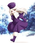  bad_id bad_pixiv_id boots fate/stay_night fate_(series) hat highres illyasviel_von_einzbern long_hair purple_footwear purple_hat red_eyes scarf silver_hair snow snowing solo white_hair white_scarf yaki_ringo 