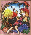  aki_minoriko apple apron barefoot blonde_hair bow colored_pencil dress food frame fruit grapes hat leaf mushroom one_eye_closed paint_(medium) pear pencil persimmon red_eyes short_hair sky socha solo striped touhou tree wheat 