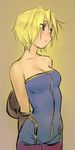  bare_shoulders blonde_hair blue_eyes blush breasts cleavage final_fantasy final_fantasy_tactics gauntlets gloves medium_breasts monk_(fft) muhamado short_hair solo unitard 