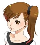  blush brown_eyes brown_hair futami_mami highres idolmaster idolmaster_(classic) lips one_eye_closed portrait scrunchie side_ponytail simple_background solo vuipui 