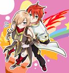  1girl aerialsoul blue_eyes boots brown_hair coat couple dress embarrassed full_body gloves green_eyes hair_over_one_eye hand_on_hip hetero long_hair luke_fon_fabre pants red_hair red_legwear shoes smile tales_of_(series) tales_of_the_abyss tear_grants thigh_strap thighhighs 