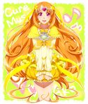  1girl black_border border bow brooch bubble_skirt character_name choker circlet cure_muse_(yellow) dress earrings eighth_note green_background hair_ribbon heart jewelry long_hair magical_girl musical_note orange_hair precure purple_eyes ribbon shirabe_ako skirt smile solo suite_precure yellow yellow_bow yellow_choker yellow_skirt 
