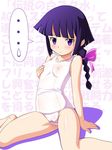  1girl bangs bare_legs blunt_bangs blush braid breasts cameltoe covered_nipples gundam gundam_age long_hair one-piece_swimsuit panties purple_eyes purple_hair school_swimsuit self_fondle single_braid sitting small_breasts solo spoken_sweatdrop sweatdrop swimsuit tanuki_yousuke translation_request underwear wall_of_text wariza wet wet_clothes wet_panties white_school_swimsuit white_swimsuit yurin_leciel 