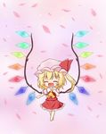  ascot bad_id bad_pixiv_id blonde_hair blush chibi closed_eyes flandre_scarlet frilled_skirt frills hand_on_own_chest hat highres medium_skirt open_mouth pink_background red_skirt seki514 short_hair side_ponytail skirt skirt_set solo touhou wings 