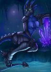 2011 black blue blue_nipples breasts butt cave claws crystal dragon female forest glowing glowing_eyes green_eyes hindpaw horn navel night nipples nude paws reptile scalie sitting solo spikes spookable tail thighs tree water wood 