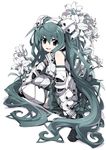  armor fantasy flower gauntlets greaves green_eyes green_hair hatsune_miku highres long_hair open_mouth simple_background sitting smile solo thighhighs toda_youkon twintails very_long_hair vocaloid zettai_ryouiki 