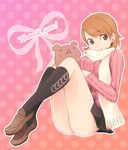  :&gt; artist_request ass black_skirt brown_eyes brown_hair earrings jewelry kneehighs legs miniskirt persona persona_3 pleated_skirt scarf shoes signature sitting skirt smile socks solo stuffed_animal stuffed_toy sweater takeba_yukari teddy_bear 