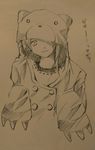  animal_costume animal_ears bear_claws bear_costume bear_ears donten graphite_(medium) hair_tie hat_over_one_eye head_tilt hood hoodie iwakura_lain monochrome serial_experiments_lain short_hair solo traditional_media translated 