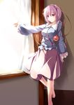  absurdres against_wall barefoot bird bird_on_hand blush breasts eyeball fal_maro hairband heart highres indoors komeiji_satori medium_breasts medium_skirt older pink_eyes pink_hair pink_skirt purple_eyes short_hair skirt smile solo standing sunlight third_eye touhou window 