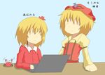  2ch aki_minoriko aki_shizuha blonde_hair computer crab eyes_closed female hair_accessory hair_ornament hat laptop sasuga_brothers touhou 