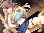  1girl akatsuki_works_hibiki barrel belt blonde_hair breasts brown_eyes brown_hair cleavage cowboy_hat cowgirl dutch_angle game_cg gloves gun hand_on_hip hat highres holster huge_breasts iizuki_tasuku jewelry large_breasts legs long_hair looking_at_viewer lovely_x_cation navel necklace panties pantyshot skirt smile standing thigh_strap thighs tsukioka_misasa underwear upskirt weapon western white_panties wink 